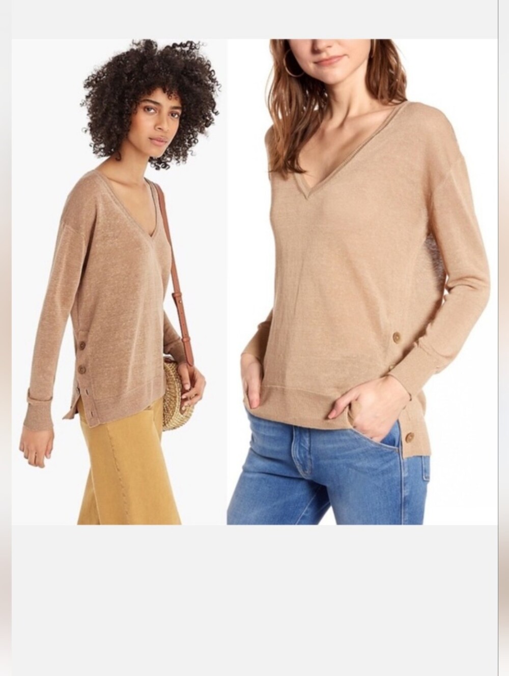 J.Crew Linen Blend Side Button V Neck Tunic Sweater Quiet Luxury Coastal Chic